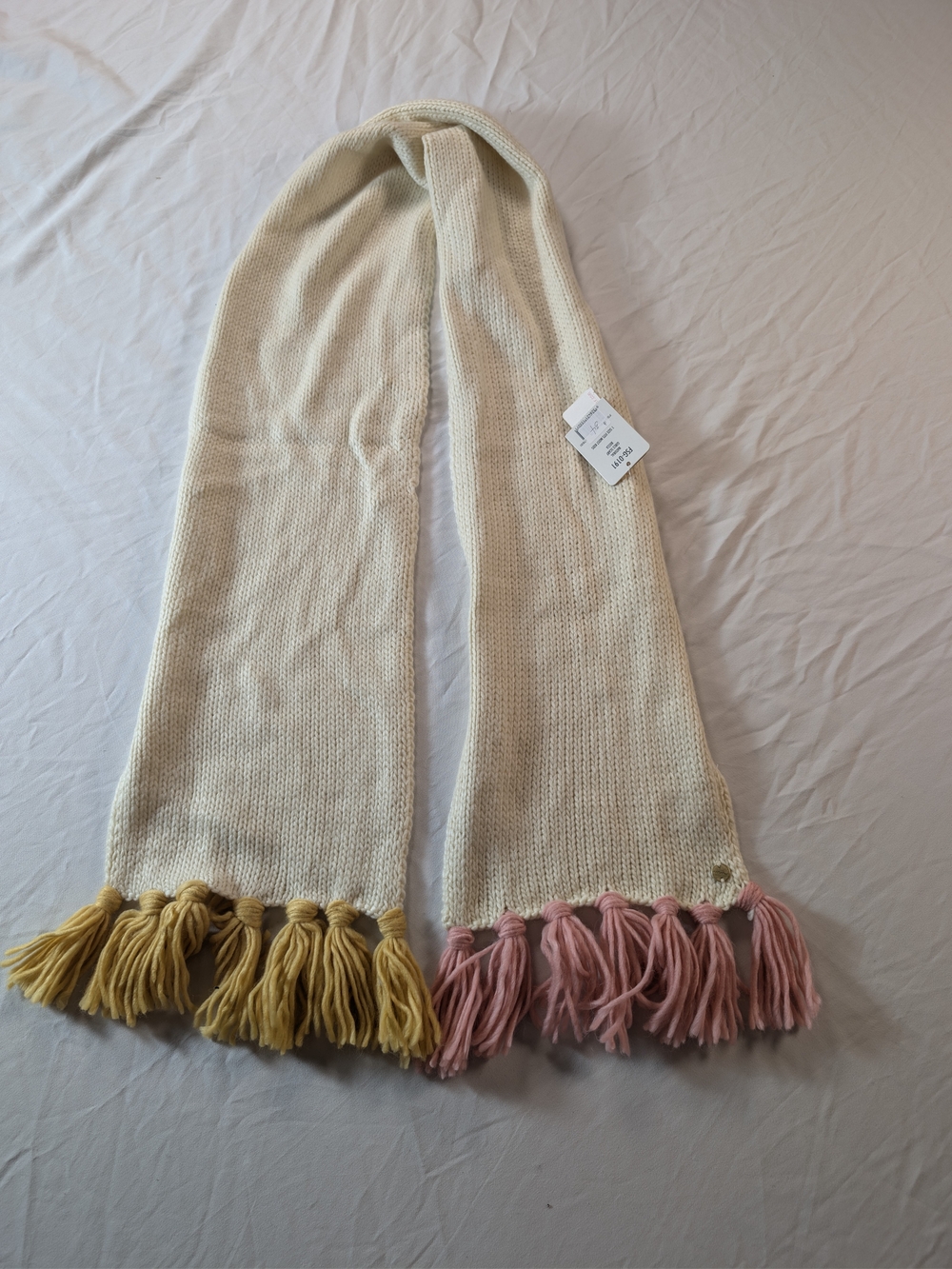 Kids Cream Knit Scarf with Pink and Mustard Tassels